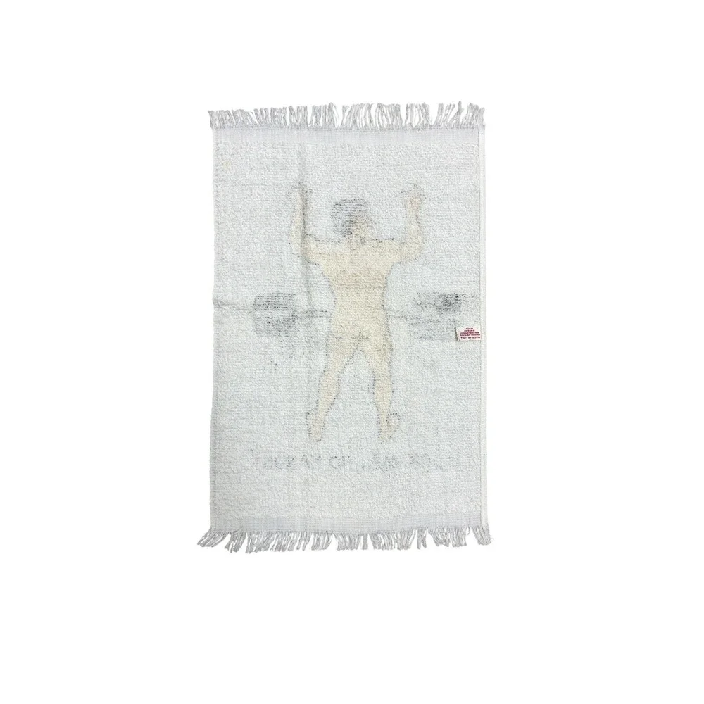 Vintage Look Ma No Hands Funny Weightlifter Hand Towel Novelty White Fringe